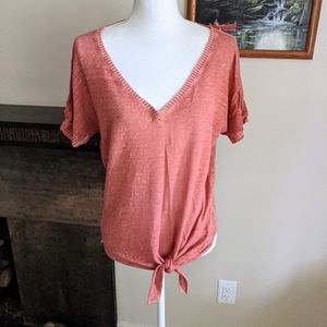 Cloth & Stone Women's Small Tie Waist Loose V-Neck Tee Dusty Rose Linen Tencel